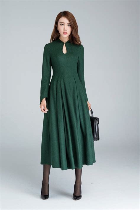 Green Dress For Women Wool Dress Vintage Midi Winter Dress Warm
