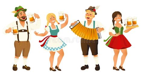 People In Traditional German Bavarian Costume Holding Beer Mugs