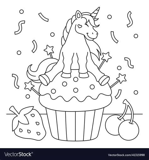 Unicorn Sitting On A Cupcake Coloring Page Vector Image