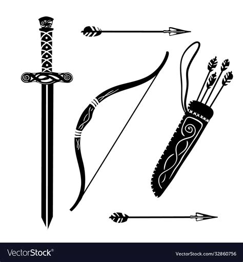 Black Silhouette Bow Arrow Quiver Sword Royalty Free Vector