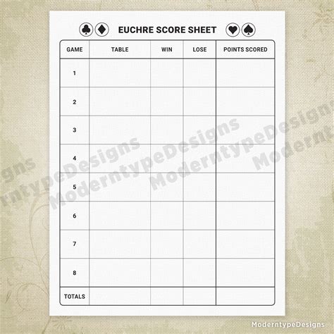 Euchre Score Sheet Printable Moderntype Designs