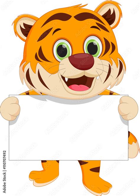 Cute Tiger Cartoon Holding Blank Sign Stock Vector Adobe Stock