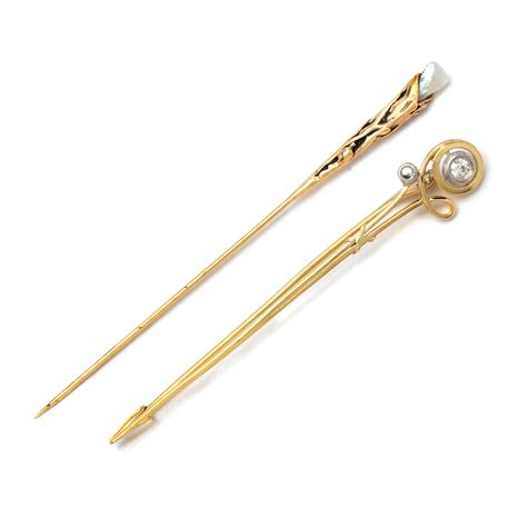 Early 20th Century 14k And 18k Yellow Gold Pearl And Diamond Stick Pins
