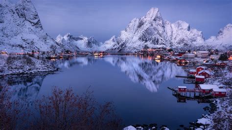 Fjord Lofoten Islands Mountain Norway With Reflection On River 4k 8k Hd