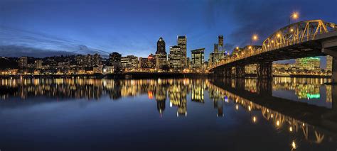 Portland Downtown Skyline By Hawthorne Bridge At Blue Hour Panor