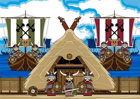Cartoon Vikings And Longship Stock Vector Illustration Of Sails