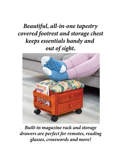 Etna Rolling Storage Ottoman Foot Rest With Drawers And Magazine Rack