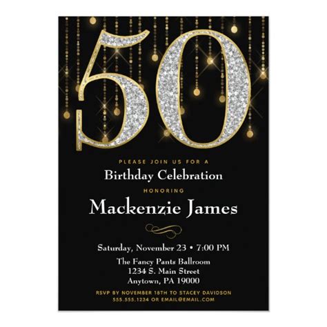 50th birthday invitation black gold diamonds adult