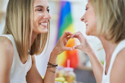 Lgbt Lesbian Couple Love Moments In The Kitchen Happiness Concept Stock