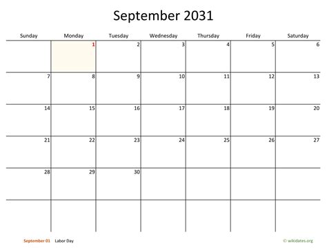 September 2031 Calendar With Bigger Boxes