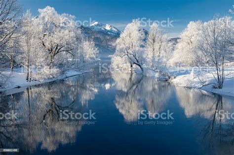 River Loisach Entering Lake Kochel In Winter Bavarian Alps Stock Photo