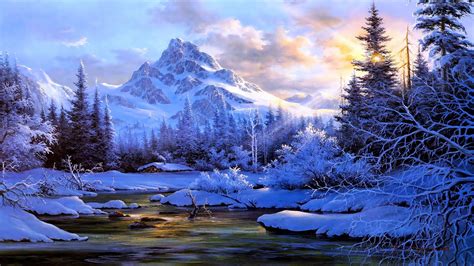 Winter Landscape Background Mountain River Trees Snow