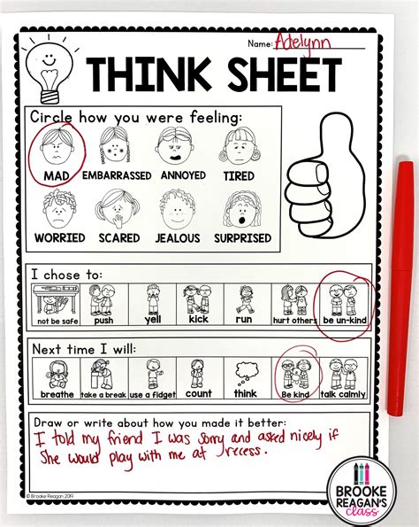 Behavior Reflection Sheets Think Sheet Behavior Reflection Sheet