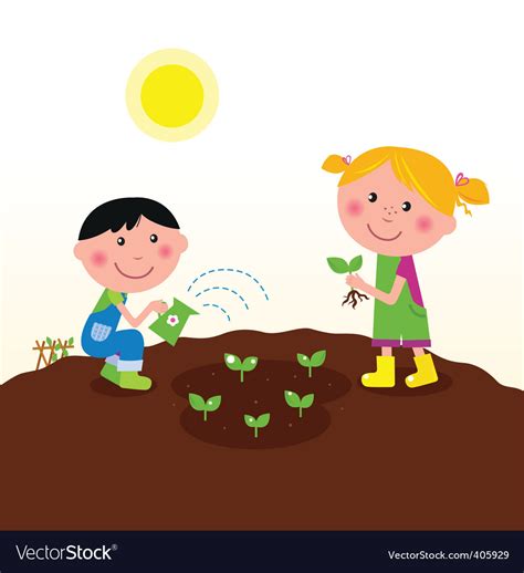 Kids Watering Planting Plant Royalty Free Vector Image