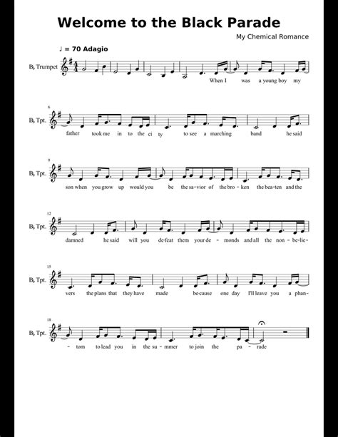 My Chemical Romance Welcome To The Black Parade Trumpet Score Sheet