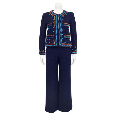 Chanel 1997 Rtw Navy Bouclé Pant Suit With Jewel Tone Velvet Trim Nwt