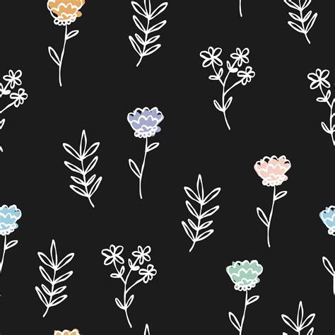 Hand Drawn Doodle Black Seamless Wallpaper White Line Flowers Cute Pastel Vector Pattern For