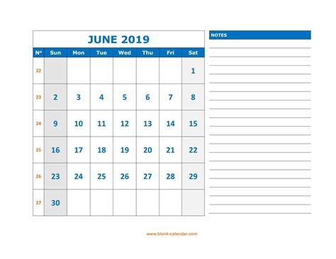 Blank Calendar Template With Space For Memo And Notes Printable