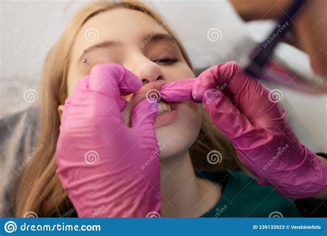 Smile Or Frenulum Piercing Under The Upper Lip Stock Image Image Of