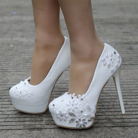 14cm Super High Heel Wedding Shoes White Lace High Heels Rhinestone