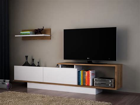 Modern Tv Stand Entertainment Center White And Walnut Finish