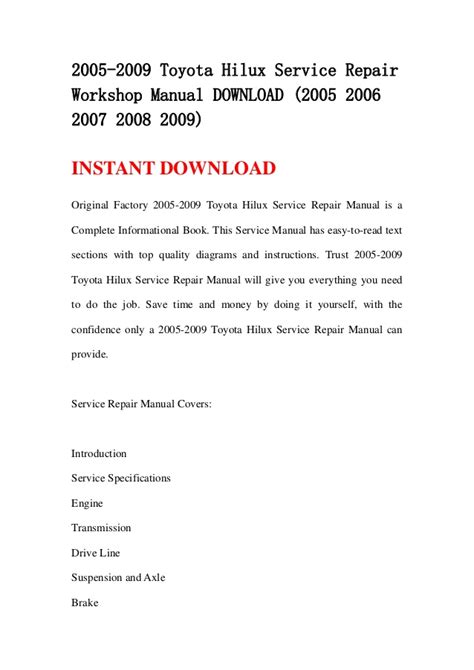 2005 2009 Toyota Hilux Service Repair Workshop Manual Download 2005