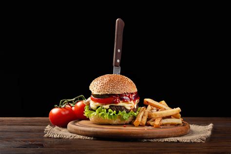4k 5k Fast Food Hamburger Buns Tomatoes French Fries Knife
