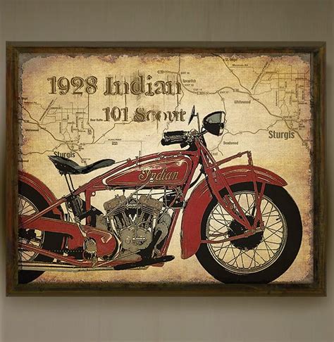 Rare Handcrafted Vintage Motorcycle Art Prints With Map Of Sturgis