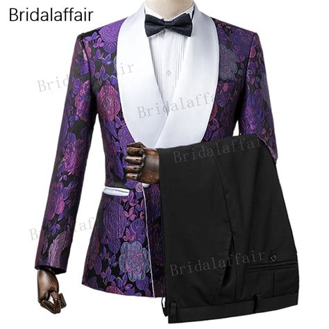 Kuson Custom Made Groom Tuxedos Slim Fit Purple Floral Printed Men Suit