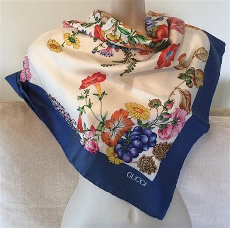 Gucci Floral Silk Scarf Floral And Fauna Blue Border Vintage Etsy