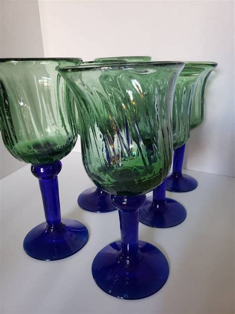 Set Of 6 Mexican Recycled Glass Wine Glasses Stemware Green Etsy