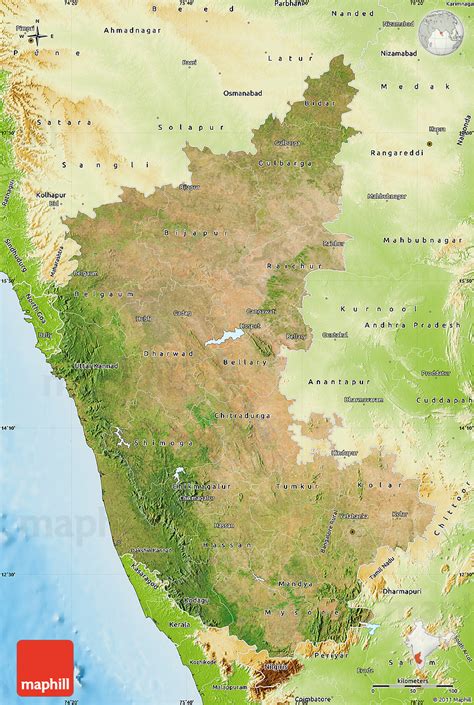 It has all travel destinations, districts, cities, towns, road. Satellite Map of Karnataka, physical outside