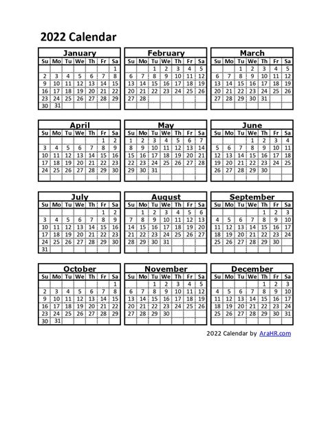 2022 Yearly Calendar Template Printable