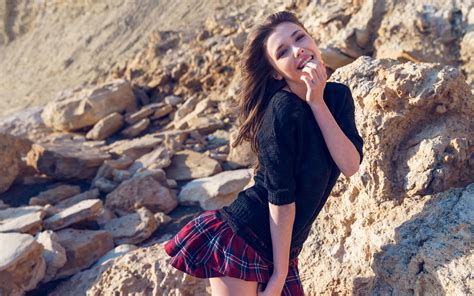 Free Download Hd Wallpaper Mila Azul Rocks Looking At Viewer Skirt Black Sweater Smiling
