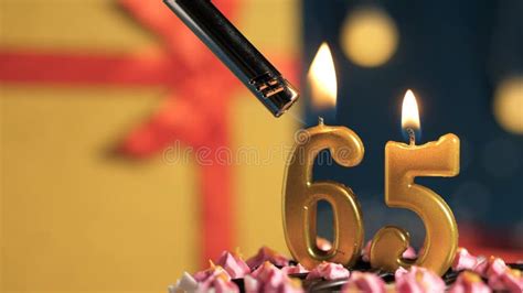 Birthday Cake Number 65 Golden Candles Burning By Lighter Background
