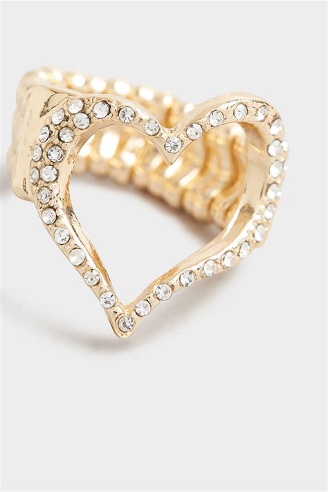 Gold Diamante Heart Stretch Ring Yours Clothing