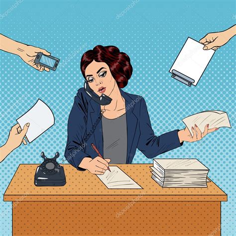 Pop Art Multitasking Busy Business Woman At Office Work En Inglés Ilustración Vectorial