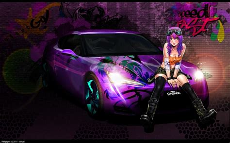 Free Download Hd Wallpaper Anime Cars Cleavage Girls Graffiti Hair Highs Purple