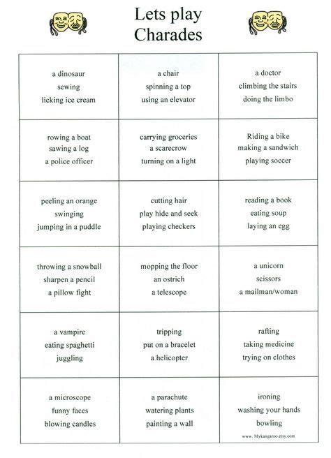 Funny pictionary words for adults. Charades Word List | Charades words, Charades for kids ...