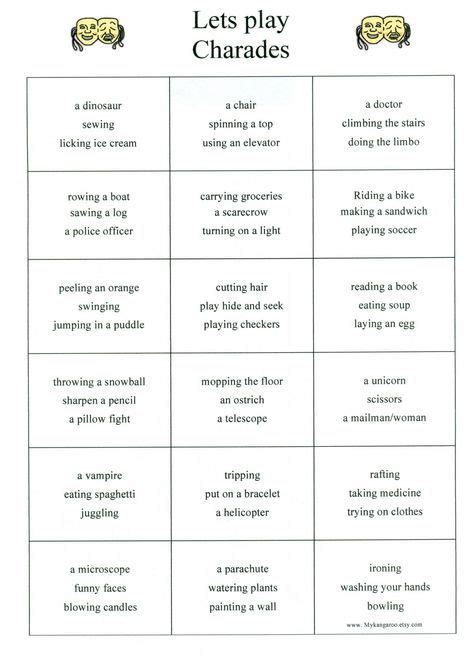 Pictionary words related to weddings, honeymoons and married life are popular at bridal showers and rehearsal dinners. Charades Word List | Charades words, Charades for kids ...