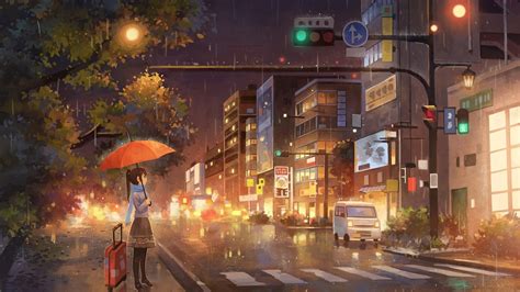 Wallpaper Id 131888 Anime Anime Girls Umbrella Rain Town Moescape