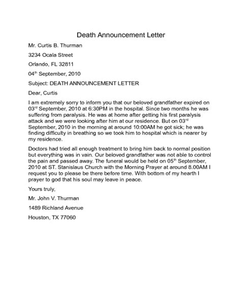 Sample Letter Of Employee Death