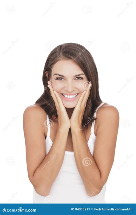 Beautiful Woman Smiling While Her Hand On Her Cheek Stock Image Image