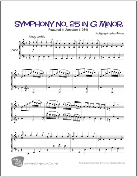 Symphony No 25 In G Minor Mozart Easy Piano Sheet Music Digital