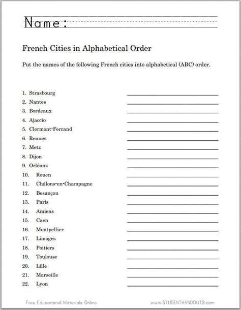 French Cities In Abc Order Worksheet Student Handouts