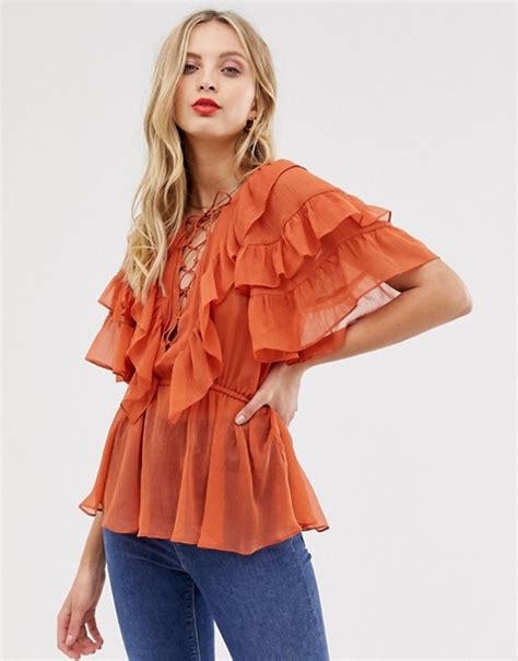 Asos Design Ruffle Sleeve Top With Lace Up Detail Asos