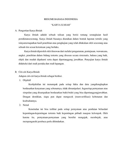 Resume Karya Ilmiah Resume Bahasa Indonesia