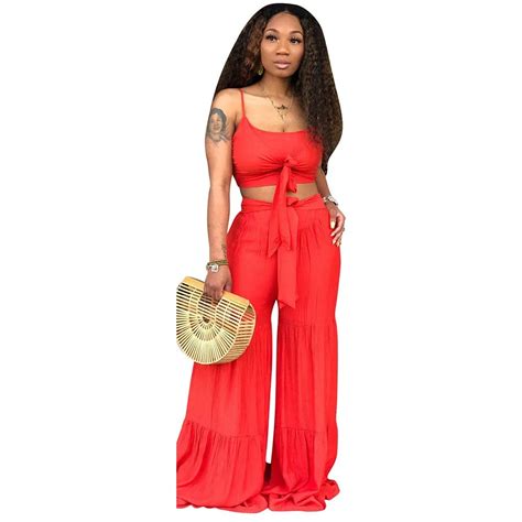 Sexy Summer 2 Piece Set Women Crop Top And Wide Leg Pant Club Outfits Festival Clothing Two