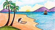 How to Draw a Sea Beach Scenery for Kids | Step by Step Scenery Drawing ...