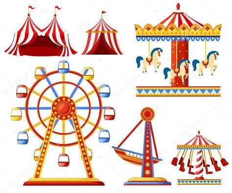 Conjunto de iconos de circo carnaval. Colección de Parque de atracciones. Tienda, carrusel ...